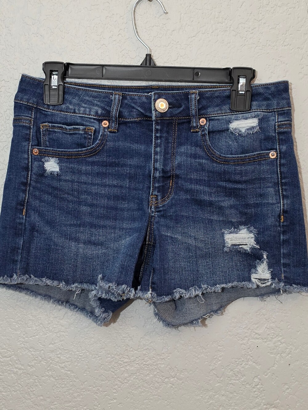 American Eagle Dark Blue Distressed Midi Shorts Mid Rise Denim Cut Off Womens 8